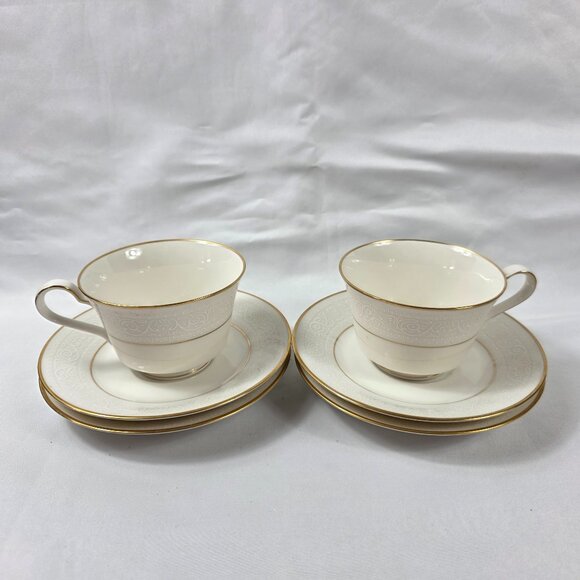 Noritake Tulane Cups & Saucers (2 Cups 4 Saucers) White Scrolls Gold Ring & Rim - Picture 1 of 15